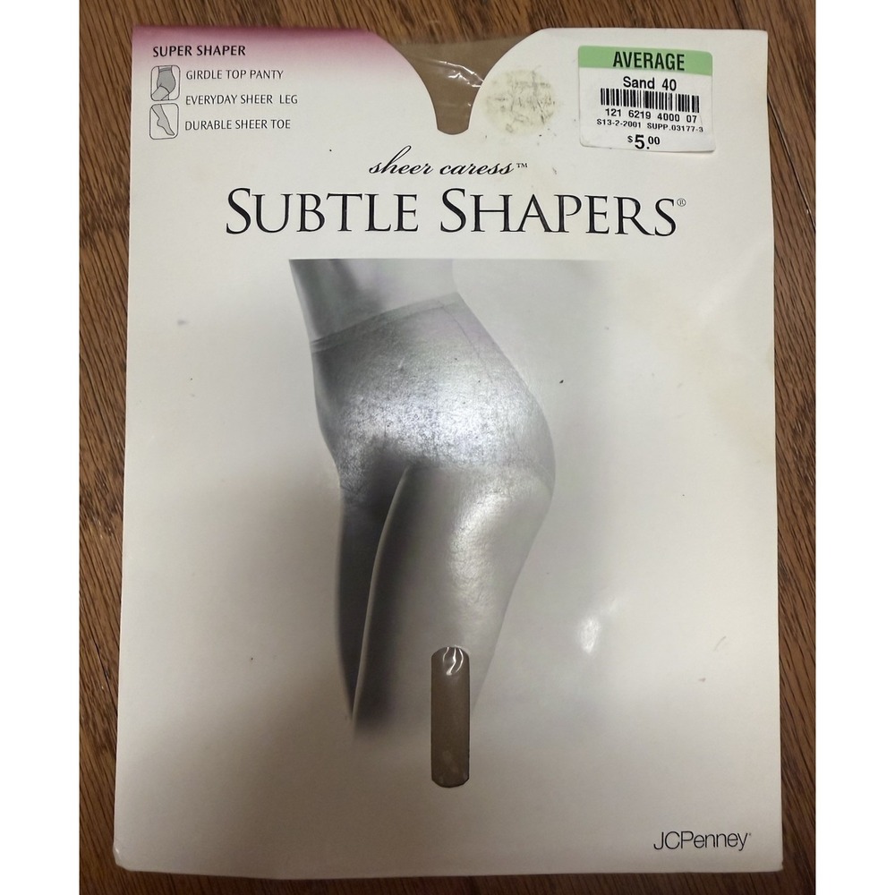 JC Penny Subtle Shapers Sheer Caress Pantyhose Sz Average Color Sand Girdle Top